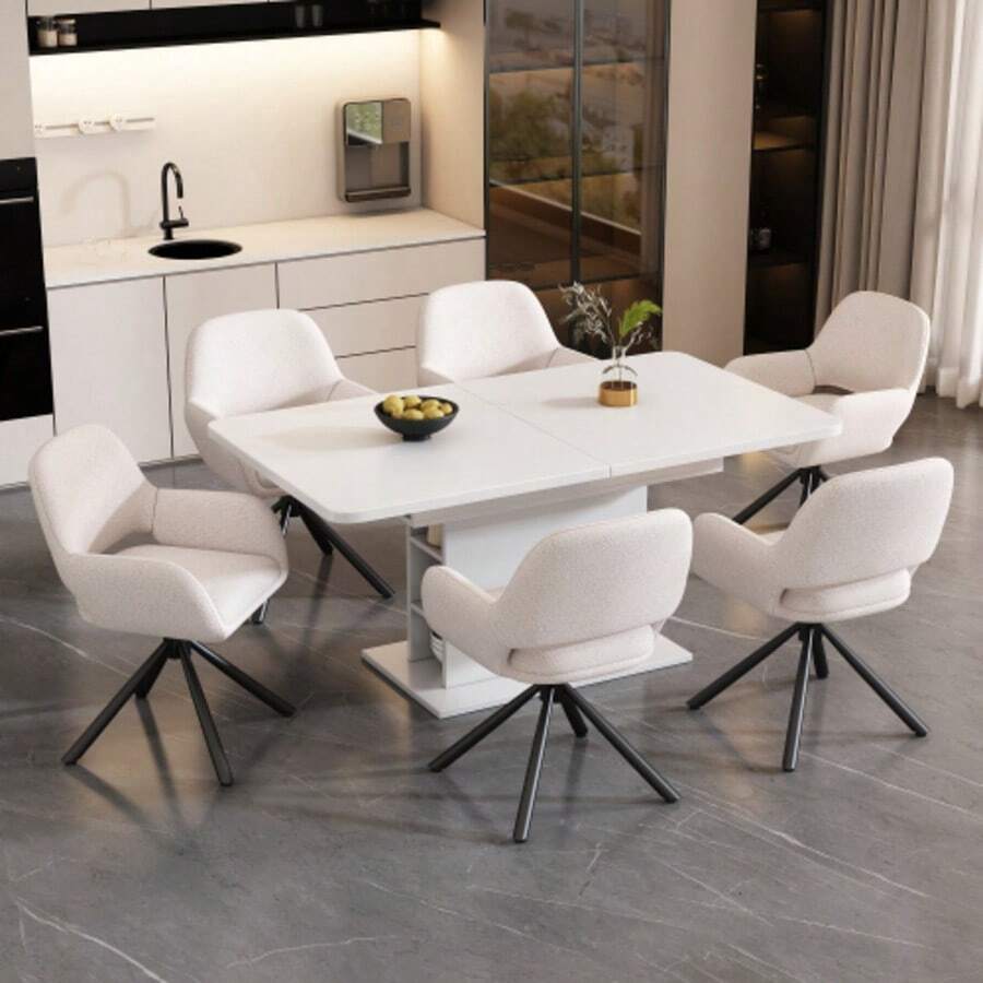 Drehbar,Sherpa-Stoff, 2er-Set,Mit Handläufe,Modern Und Schlicht,Esszimmerstuhl,Weiss - White3 - View 1