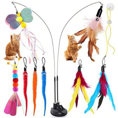 lby12pcs Juguetes para Gatos Interactivos 8 Juguetes con Campanas 2 Varas Teaser de Gato 1 Taza Super Succión Extraíble Doble Cabeza 1 Cordón PegajosoLBY181