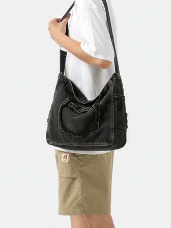 1 pieza Bolso bandolera de nailon para hombres, bolso hobo de mezclilla con correa ajustable, resistente a arañazos y al desgaste, bolsillo para pasaporte, dinero, tarjeta de identificación, tarjeta de crédito, ligero para ir y venir, unicolor, regalo para el novio