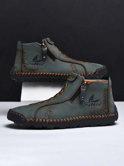 New Plus Size Handmade Stitching Mid-Top Casual Shoes, Casual Mid-Top Shoes For Teenagers, Zipper Cool Design Flat Mid-Top Shoes, Personalized Street Style Men's Fashion Casual Shoes, Suitable For Daily Wear With Casual Pants, Jeans, Etc. To Show A Look.