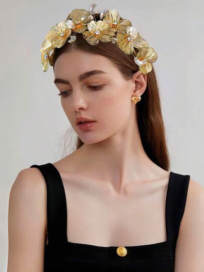 1 pieza Diadema con flor de rhinestone, corona floral en forma de luna elegante, adecuada para novias, bodas, festivales, fiestas, celebraciones, uso casual, banda para el cabello, aro para el cabello, accesorios de belleza para el cabello para el hogar