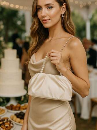 1 Piece Minimalist Elegant Satin Pearl Handbag/Clutch, Luxury Chic Style Silver/Black/Beige Pleated Square Bag With Pearl Handle & Gold Chain, 2-In-1 Handheld & Crossbody For Women, Ideal For Wedding, Evening Party, Formal Occasions