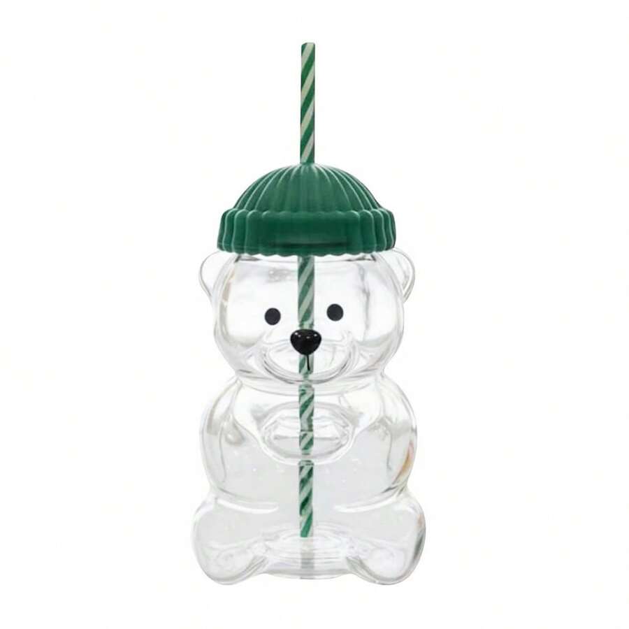 Glass Sippy Cups Cute Bear Shaped Water Bottle With Lid And Straw For Iced Coffee, Smoothie, Water And More - trắng - Xem 1