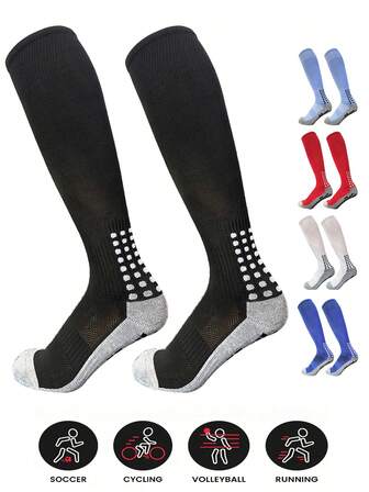 1 Pair Men's Solid Color Latex Football Sports Crew Socks, Moisture-Wicking Breathable Non-Slip, Suitable For Outdoor Basketball Football Sports