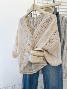 JIANHU 小号波西米亚风钩针开衫 - 浪漫花卉与几何蕾丝罩衫，适合度假和日常穿着 | 轻盈 V 领纽扣针织衫（小号身材完美之选）