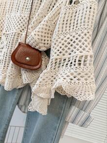 JIANHU Boho Crochet Hollow Knit Blouse – Spring Fall Lightweight Sweater Top, Vintage Loose Fit Pullover For Layered Casual Outfits - Apricot - View 8