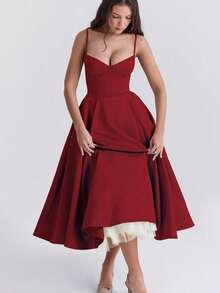 Ladies' Sexy Princess Dress, Simple Solid Color, Elegant Temperament, Double-Layer Suspender Dress - 紅色 - 查看 2