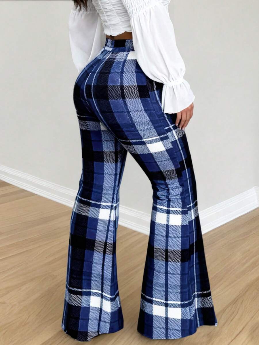 Women's Stylish New Versatile Office-Casual Elegant Slim-Fit Flattering Retro Plaid Printed Micro Flared Pants. - Blue - View 1