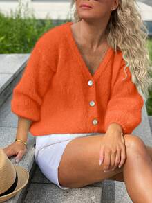 Bright Orange Mohair Cardigan With Soft And Plush Texture, Eye-Catching Orange Tone, V-Neck And Metal Button Design Simple And Atmospheric, Loose Fit Suitable For Various Styles, Wear It In Autumn And Winter - Quả cam - Xem 2