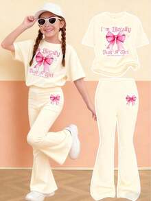 Tween Girl Casual Bow Graphic Short Sleeve Loose T-Shirt And Flare Pants Elegant Girl Outfit, Back To School/School Clothes