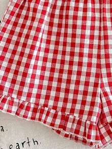 Bộ quần áo 2 món dễ thương cho bé gái, gồm áo thun mềm mại và quần short kẻ caro (độ dài ngẫu nhiên), bộ quần áo mùa hè hai mảnh. - Đỏ - Xem 7