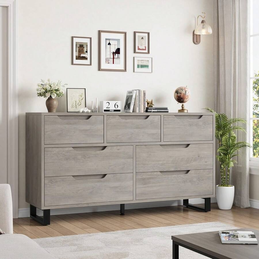 Dragonpad 7/8 Drawer Dresser For Bedroom, Freestanding Horizontal Drawer With 3 Tier Storage Shelves And Metal Legs, Wooden Closet Chest Storage For Living Room, Hallway, Entryway - Gray-7 Drawers - 查看 1
