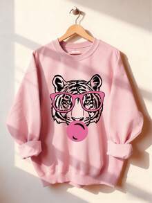 女士秋季虎纹印花圆领卫衣，休闲宽松多功能度假风上衣，适合日常穿着，秋冬时尚 - 粉色 - 查看 5