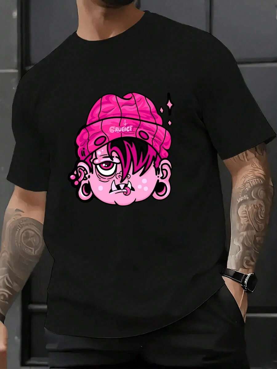 Men's Casual Short Sleeve Crew Neck Sports T-Shirt, 1 Piece, 100% Cotton, 220g, Express A Digital Print, Featuring An Illustration Of An Individualistic Character Wearing A Pink Beanie, Heavyweight 100% Cotton Hoodie - 黑色 - 查看 1