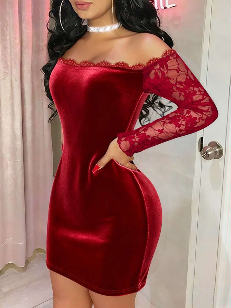 ChicMe Women's Lace Patchwork Off-Shoulder Long Sleeve Ruched Velvet Bodycon Mini Party Cocktail Dress For Holiday, Date - Red - View 1