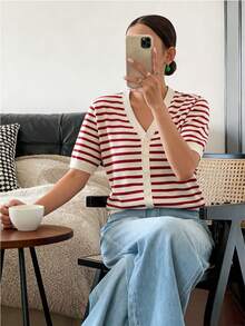 1 PCS  A rayas  Color combinado    Casual    Canalé  Botón  Botón delantero    Diario - Rojo - Ver 3