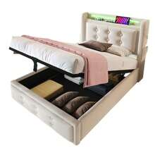 Upholstered Bed 90x200, Single Bed With LED Headboard And USB C Charging Function, Hydraulic Bed With Wooden Slatted Base And Metal Frame, Load Capacity 150 Kg, Beige, Cotton (Mattress Not Included) - Beige + Cotton Linen - View 6