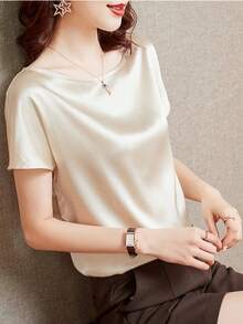 女士优雅梭织面料短袖船领落肩上衣，常规长度，适合日常穿着