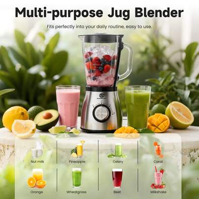 SUPERLEX 4-In-1 Juice Blender And Cereal Blender Are Equipped With Three Speeds, A 1.5-Liter Ice Crusher, And A Stainless Steel Centrifugal Juicer. It Combines The Functions Of A Blender, A Fruit And Vegetable Juicer, And A Centrifugal Press. Its Stainless Steel Blade Design Ensures Easy And Convenient Cleaning. In Addition, It Also Comes With A Multi-Functional Household Electric Juicer With A Juice Separator To Completely Eliminate The Trouble Of Dripping And Provide A Gentle And Delicate Juicing Experience For Citrus Fruits. The Bottom Of The Machine Adopts A Non-Slip And Stable Design, Which Is Suitable For Fresh Fruit And Vegetable Juices, Smoothies, And Cereals.