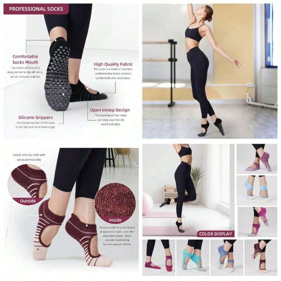 Calcetines antideslizantes de yoga para mujer, 4 pares de calcetines elsticos con agarre para pilates, barra, danza y entrenamientos en estudio. - inicial - Ver 1