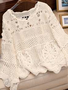 JIANHU Boho Crochet Hollow Knit Blouse – Spring Fall Lightweight Sweater Top, Vintage Loose Fit Pullover For Layered Casual Outfits - Apricot - View 3