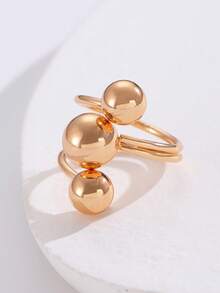 1件不锈钢创意圆球独特时尚开口戒指，女士款 - 金色 - 查看 3