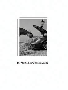 1pc Frameless Horse & Supercar Digital Print, Black And White Luxury Car Photography, Farmhouse Chic Exotic Wall Art, Modern Garage Decor For Man Cave, Masculine Home Decor, Gift For Car & Horse Lovers - Multicolor - View 13