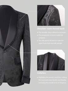 Men's Suit Black Shawl Collar Tuxedo Jacket, Paisley Jacquard Pattern Blazer With Beaded Lapel, Pocket & Cuffs, Wedding Prom Formal Dinner Jacket, Slim Fit Suit Coat - 黑色 - 查看 3