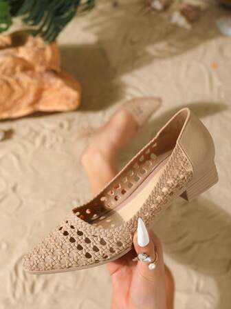 Women's High Heel Slip-On Shoes, Casual Fashion Solid Color Pointed Toe Woven Texture Hollow Out Sandals, Outdoor Comfortable Formal Heels, Elegant Ladies High Heel Sandals