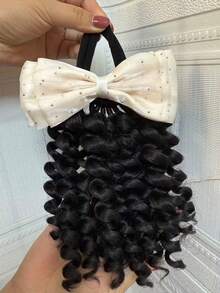 1 pieza Extensión de cabello con cola de caballo de 8 pulgadas [Cola de caballo rizada + Lazo de cinta beige/azul/morado/rosa] Pelucas y extensiones sintéticas de cola de caballo con lazo elástico para niños y mujeres, adecuadas para uso diario, regalos de Navidad, pelucas y accesorios de graduación - Negro natural - Ver 13