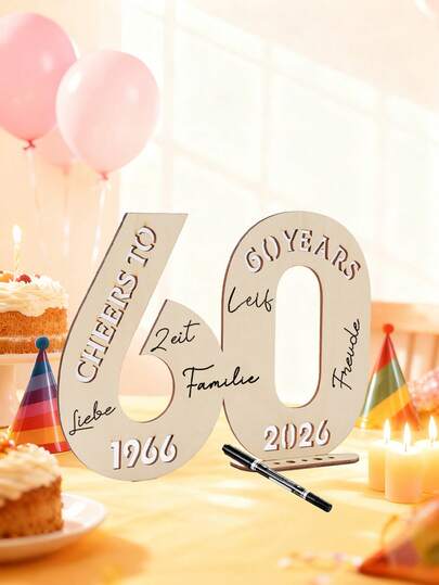1pc 60th Birthday DIY Wooden Decor, Happy 60th Birthday Wooden Plaque For Tabletop Decoration, Birthday Party Supplies, Home Decor, 60th Birthday Standing Sign, DIY Craft, 2026 Wooden Guest Book, Party Favor, Birthday Decoration, Personalized Gift