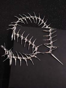 1pc Fashionable Street Style Punk Spike Fishbone Rivet Long Necklace, Suitable For Casual And Streetwear Outfits - Multicolor - View 7