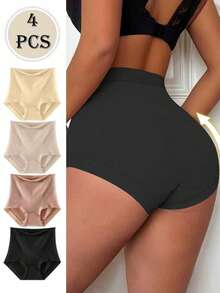 4pcs Women High Waist Solid Color Leggings, Tummy Control, Comfortable Seamless Underwear Shorts - Multicolor - View 9