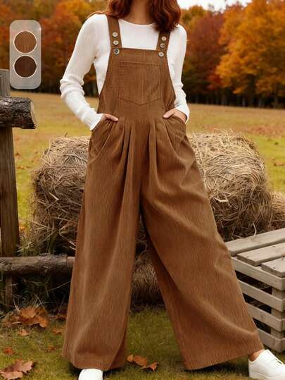 女式秋冬可调节纽扣口袋纯色灯芯绒棕色背带裤连体裤，适合居家、度假、约会、度假