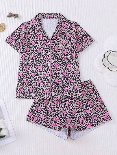 HOREA 2pcs Women's Sleepwear Set, Leopard Print & Bow Decor, Romantic Valentine's Day Gift, Comfortable Shirt Collar Short Sleeve Top And Loose Elastic Shorts, Suitable For Parties, Casual Outdoor And Home Wear