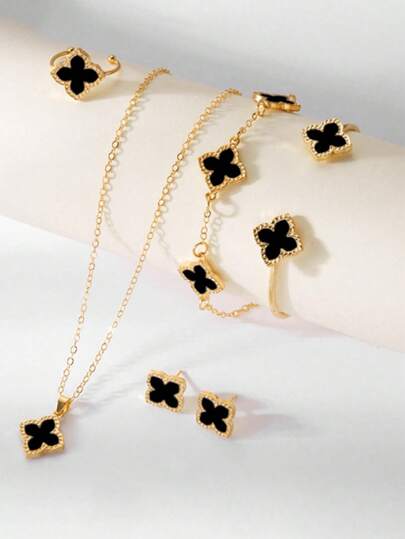 6pcs/Set Minimalist Clover Jewelry Set, Includes Necklace, Earrings, Bracelet, Suitable For Parties, Vacations, Gifts, And Daily Wear