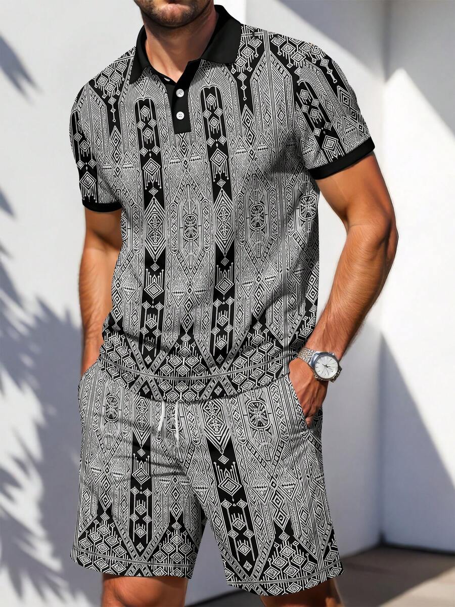 Bộ áo polo tay ngắn và quần short in họa tiết hình học dành cho nam, thích hợp cho kỳ nghỉ. - Nhiều màu - Xem 1