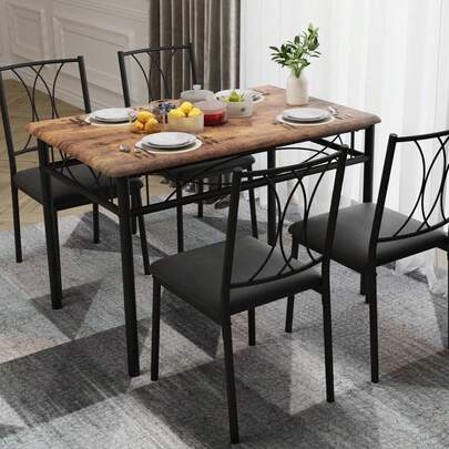Mesa de comedor industrial de 5 piezas para 4, marco de metal pesado y mesa y sillas de madera, conjunto de muebles de cocina de ahorro de espacio para apartamento, restaurante, comedor
