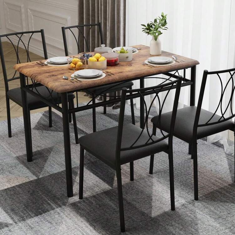Mesa de comedor industrial de 5 piezas para 4, marco de metal pesado y mesa y sillas de madera, conjunto de muebles de cocina de ahorro de espacio para apartamento, restaurante, comedor - Sillas tapizadas marrones - Añade 1