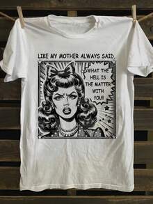 Camiseta con eslogan divertido - "Como mi mamá siempre dice... ¿qué diablos estás haciendo?" Diseño retro de cómic - Camiseta de manga corta suave de 100% algodón con citas divertidas de mamá, perfecta para amantes del humor como regalo casual - Blanco - Ver 1