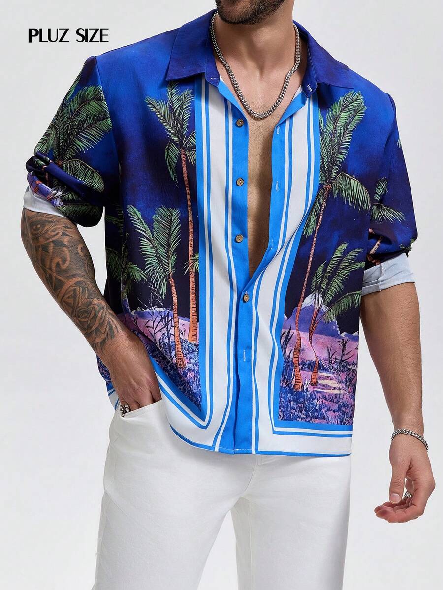 1pc Men's Collared Single-Breasted Long Sleeve Coconut Tree Print Casual Vacation Shirt, Stylish For Holiday Parties, Formal Events - Blue - View 1