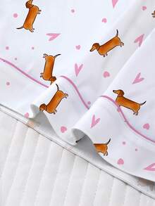 两件套可爱腊肠犬和爱心印花女士睡衣套装，浪漫情人节礼物，长袖翻领开衫上衣和松紧腰裤，女士休闲睡衣和家居服，春夏款 - 白色 - 查看 6