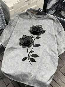 Pure Cotton Washed Loose-Fit T-Shirt,Dark Style Vintage Washed Rose Printed Pure Cotton Oversized Short Sleeve T - Shirt,Halloween,Día De Los Muertos,Home Leisure,,Weekend Outing,Sensitive Skin Group - 灰色 - 查看 8