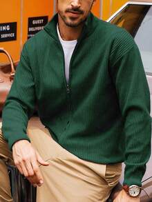 男士全拉链开衫毛衣休闲修身立领针织开衫 - 墨綠色 - 查看 4