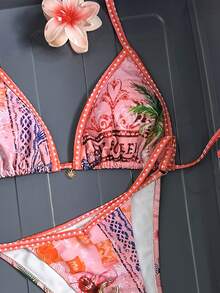 2 piezas Traje de baño tipo bikini con estampado geométrico y floral de estilo casual, lindo, elegante y sexy bohemio con nudo delantero, para primavera/verano