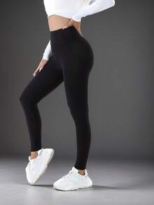 1pc Women's High Waist Warm Pants, Thermal Lined Thick Casual Leggings, Autumn/Winter - Black - View 4