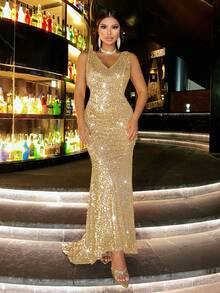 CHOSMO Plus Size Sequin Backless Elegant Formal Dress, Suitable For Prom, Wedding, Birthday Party, Anniversary, Graduation, Music Festival, Cocktail Party, Formal Dinner, Photo Shoot, Prom, Travel, Stage Performance Spring - Gold - View 6