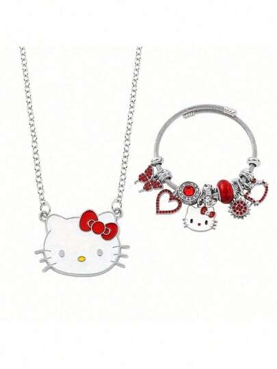 2 Juegos [Pulsera + Collar] Regalo de fiesta, Sanrio [con licencia] Lindo collar y pulsera con colgante de Hello Kitty, Joyería de aleación con dibujos animales decorada con estrellas rosas, lazo, llavero con forma de corazón, adecuado para uso diario y como regalo - Sin enchapado