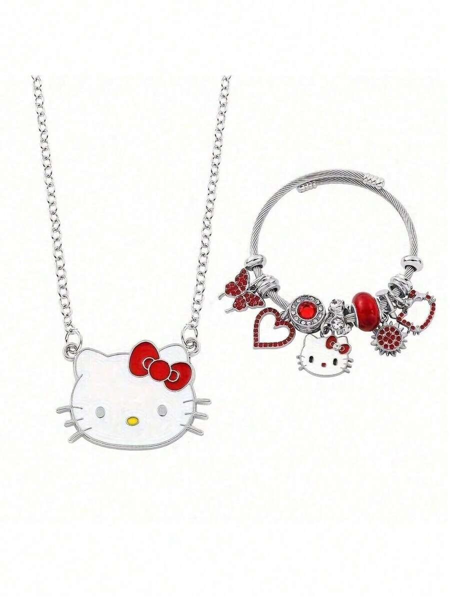 2 Sets [Bracelet + Necklace] Party Gift, Sanrio [Licensed] Cute Hello Kitty Pendant Necklace & Bracelet Set, Cartoon Animal Alloy Jewelry Decorated With Pink Stars, Bow, Heart-Shaped Keychain, Suitable For Daily Wear And Gift-Giving - Non-Electroplated - Multicolor - View 1