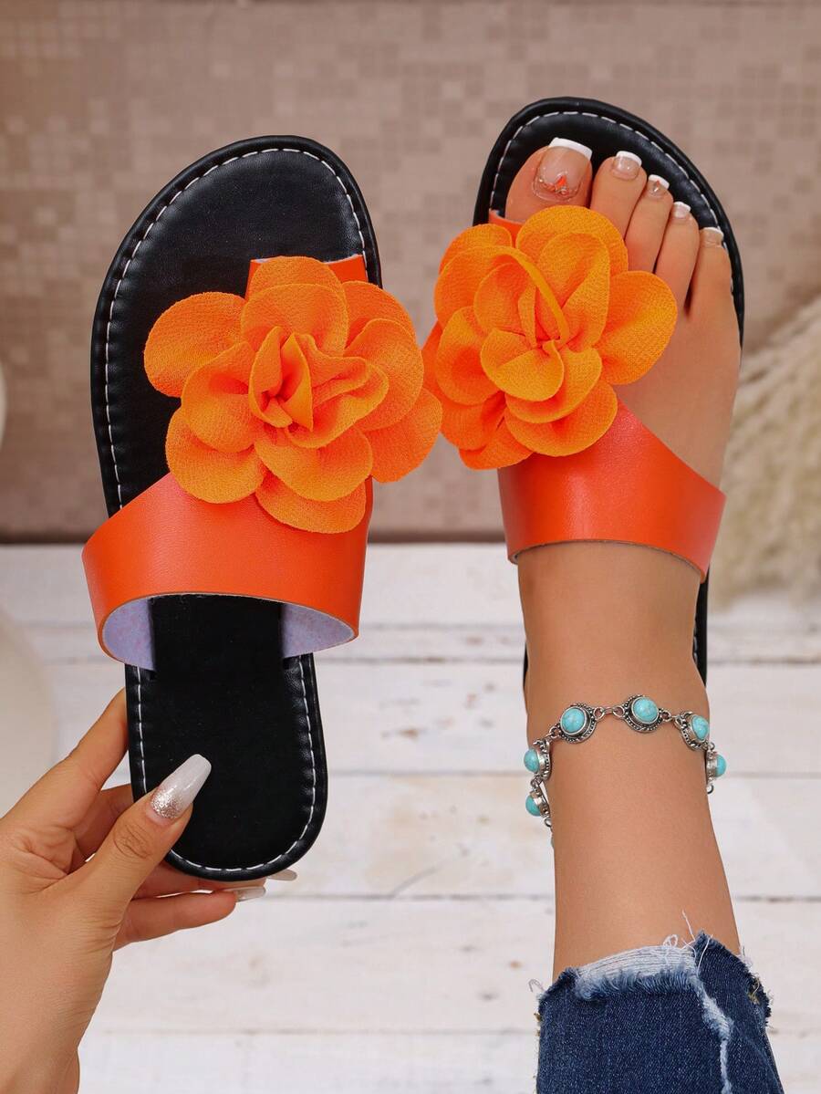 时尚平底塑料女式新款软皮花朵舒适一脚蹬凉鞋，适合居家、通勤、度假、约会、海滩、婚礼等场合，是情人节、万圣节、劳动节、母亲节、女神节、返校季、节日、假日的理想礼物。 - 亮橙色 - 查看 1